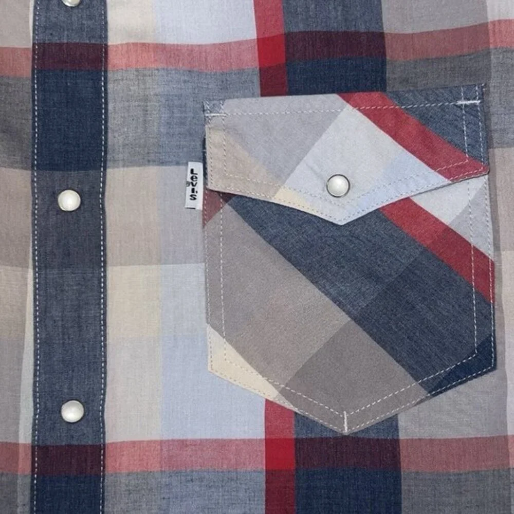 Levis Pearl Snap Shirt Mens Size Medium Western Plaid Blue Grey Red Button Up